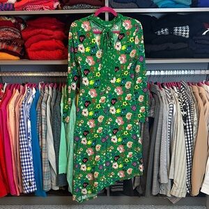 Topshop green/multicolored floral long sleeve front tie v neck dress size 4